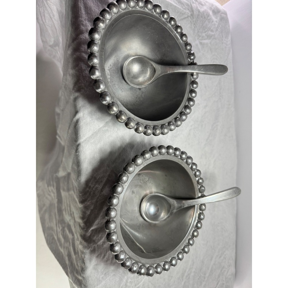 Set of 2 Beaded Rim Aluminum Condiment Bowls with Matching Spoons Silver Tone